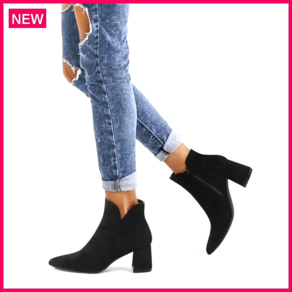 Women's Chunky Heel Ankle Boots Pointed Toe Side V Cutout Office Booties - Picture 2 of 7